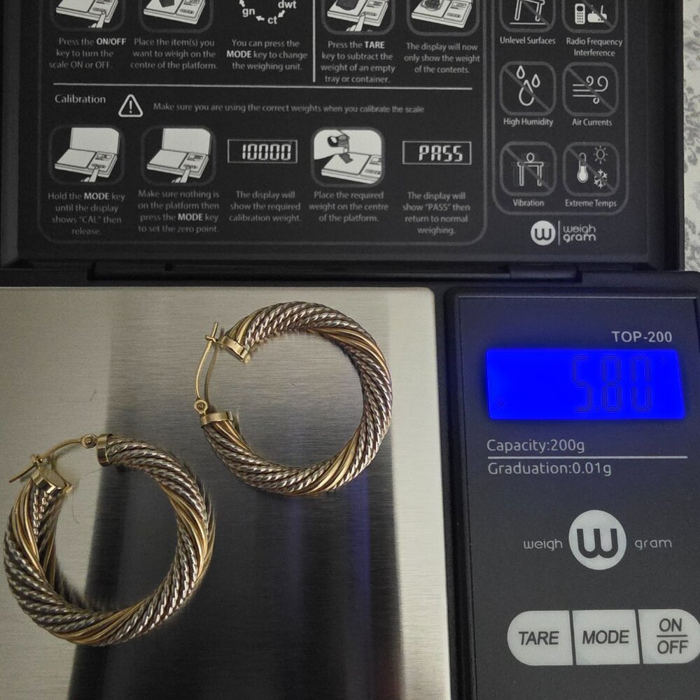 Solid 14K Gold And Sterling Silver Twisted Hoop Earrings (A137) - Picture 3 of 3